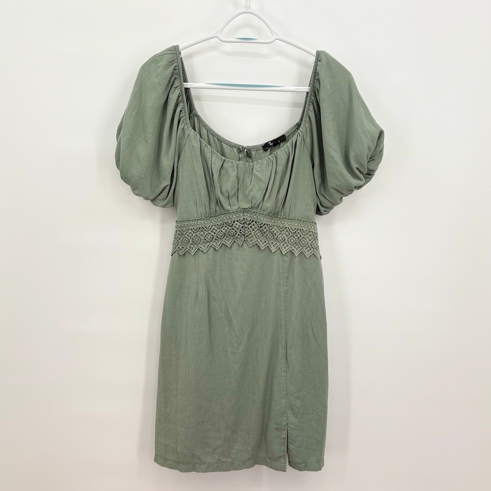 Trixxi Sage Green Mini Dress Puff Sleeve Crochet Lace Trim XL Cottagecore Boho
